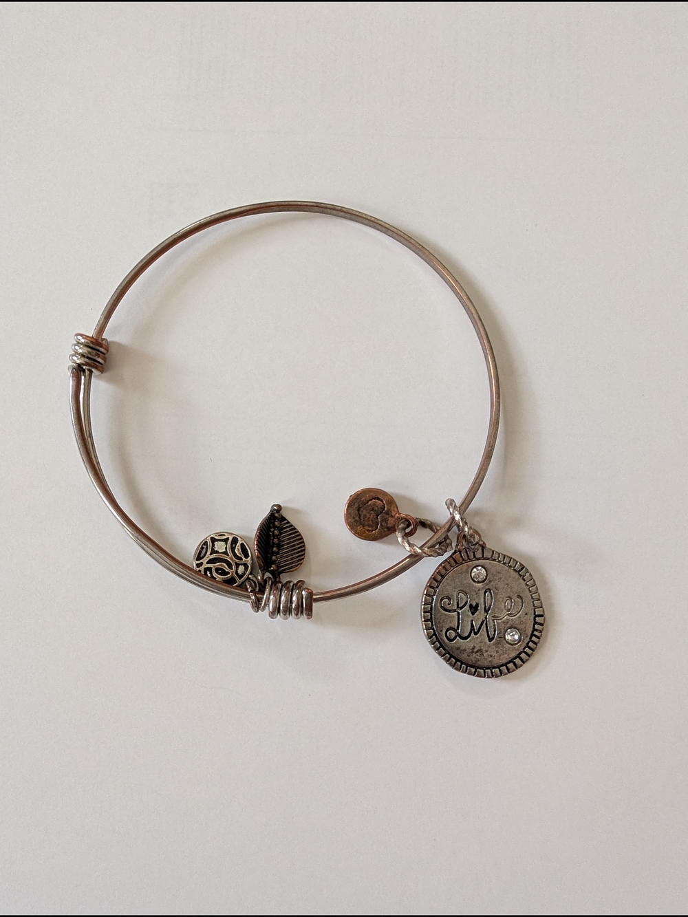 Love This Life Silver-Tone 'Live' Charm Bangle with Leaf and Filigree Charms
